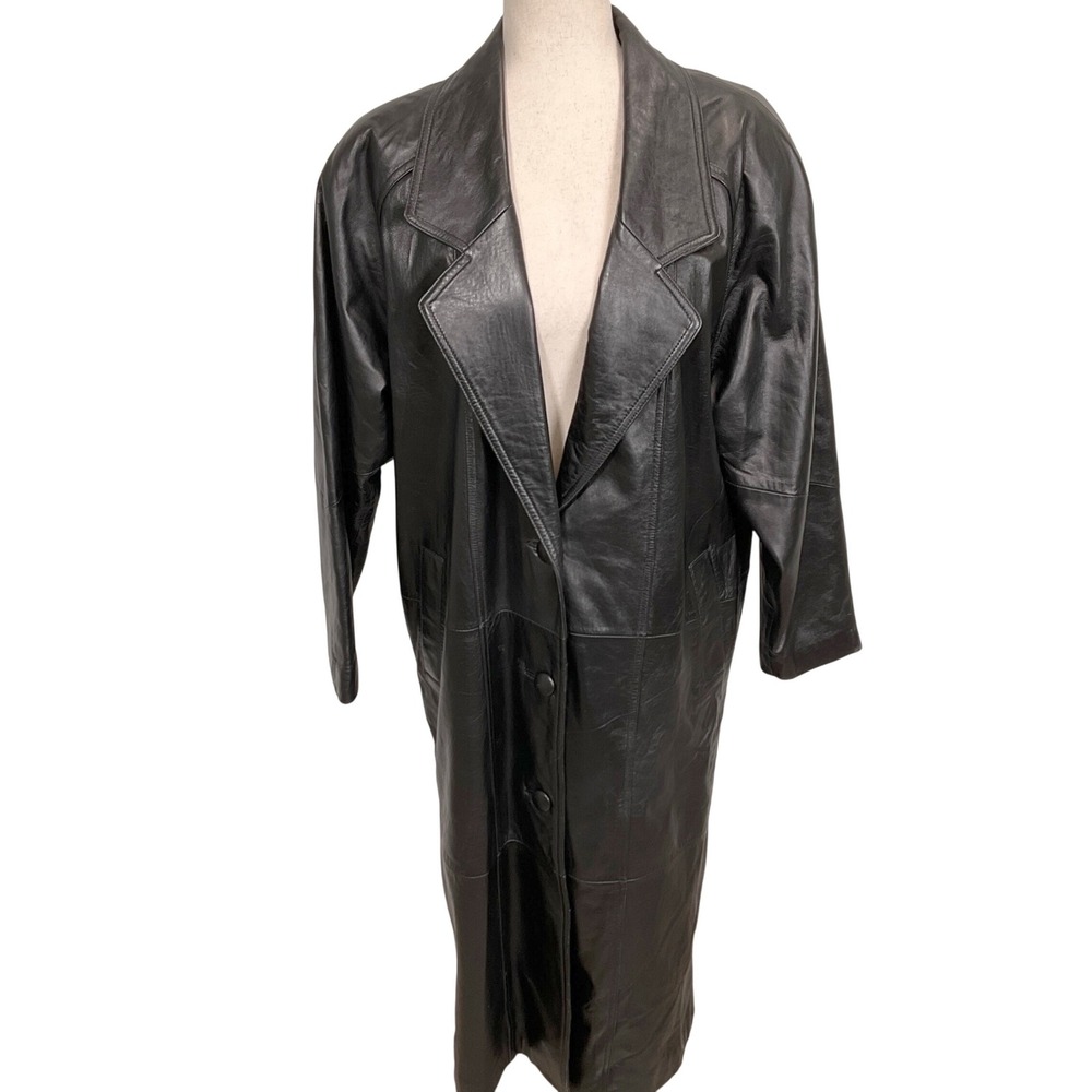Preston & York Leather Coat Womens Medium Black Lambskin Goth 90s Trench Duster